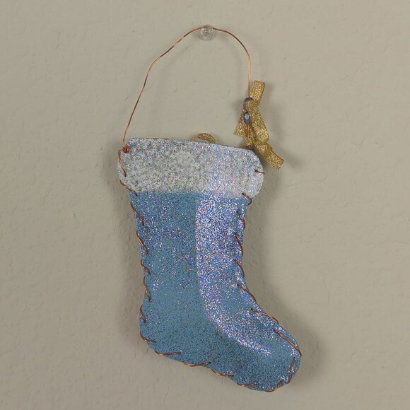 Handmade Blue White 2 Glitter Ornaments Christmas Stocking Metal 5.5" Snowflake - Picture 2 of 11